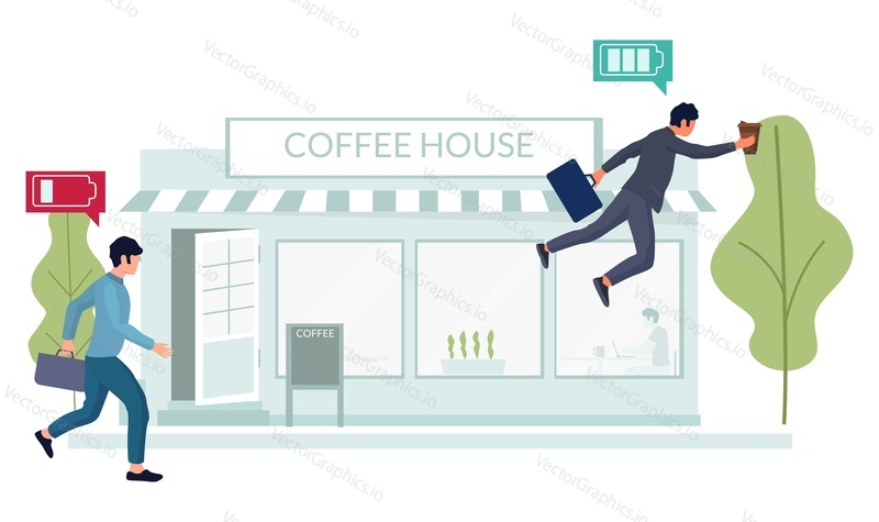 Время кофе. Счастливые офисные люди, бегущие в кафе, плоская векторная иллюстрация. Бизнесмен, сотрудник мультяшных персонажей, отдыхающих.
