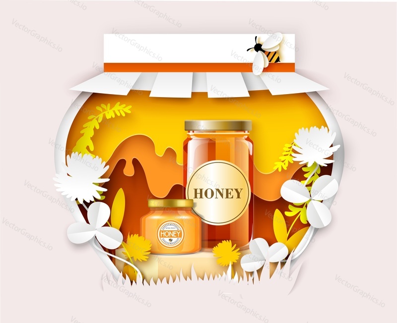 Paper cut honey pot with realistic clover honey packaging glass jars on display podium inside, vector illustration. Natural sweet syrup, organic healthy food ads template.
