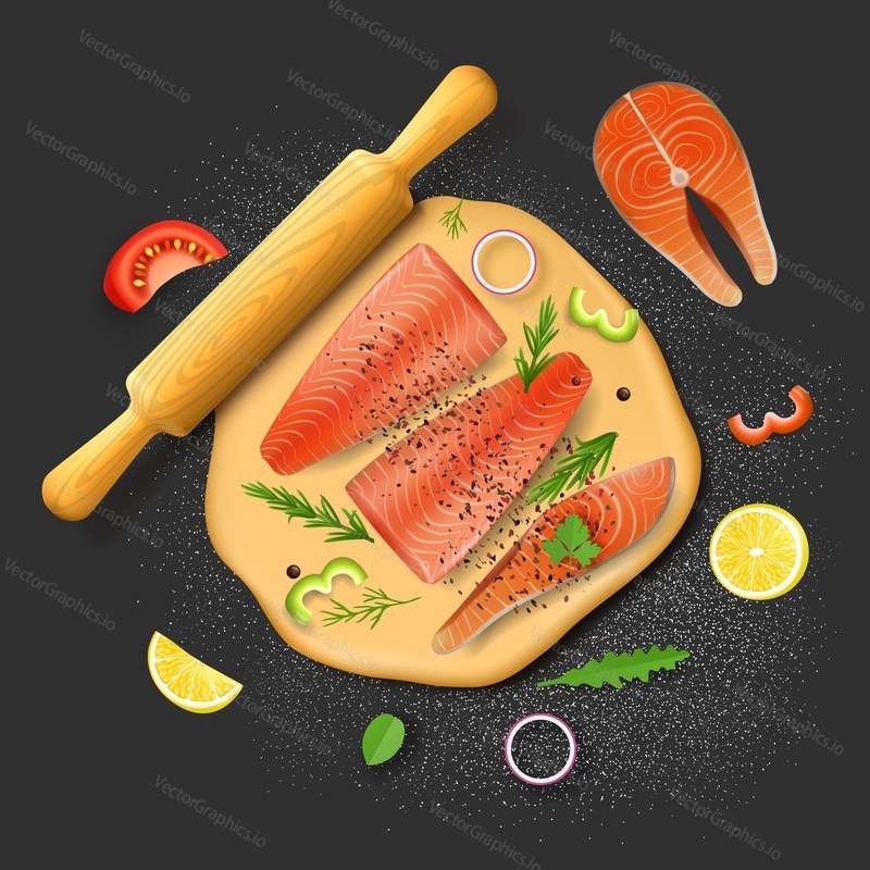 Fish pie ingredients. Dough, red salmon fillet, lemon, tomato slices, arugula and rosemary greens, top view vector illustration. Fish cake for restaurant menu, recipe book.