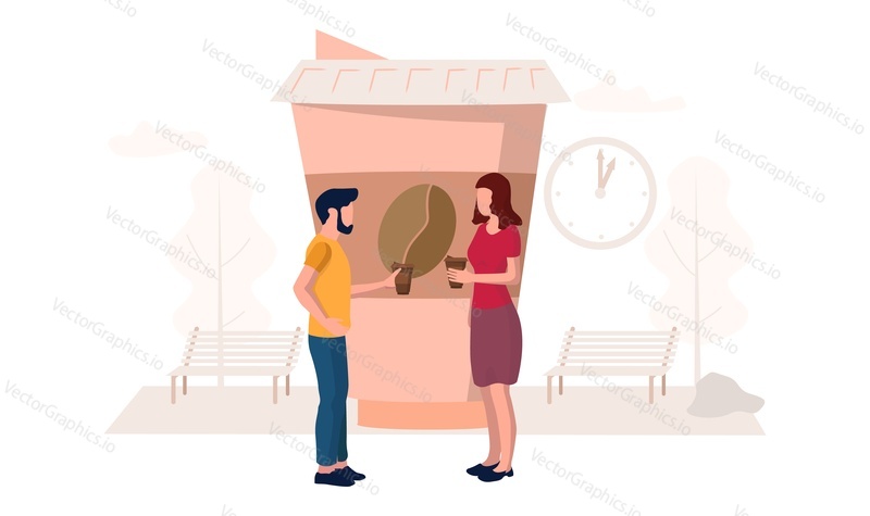 Happy couple drinking takeaway coffee together, flat vector illustration. Male and female characters business people colleagues, friends taking break. Coffee time.