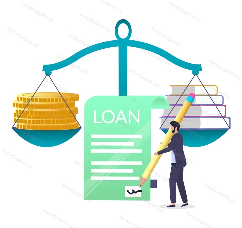 Money and books on scales, student signing loan agreement borrowing money to pay for education, flat vector illustration. Student loan. Knowledge value, worth.