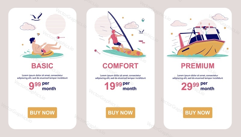 Pricing or subscription plans. Basic, standard, premium. Price list. Mobile app onboarding screens. Vector banner template for website and mobile development. Web site and UI design illustration.