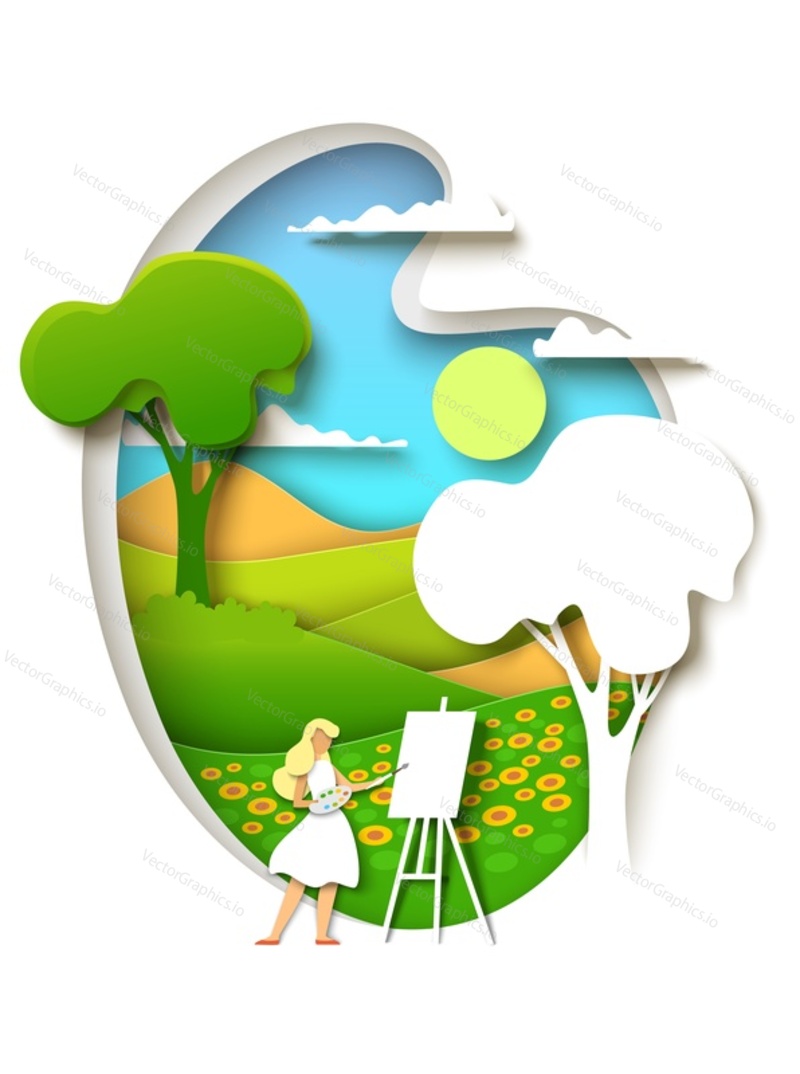 Girl artist painting on canvas using easel, vector illustration in paper art style. Young woman painter holding palette and drawing picture with paintbrush. Creative profession.