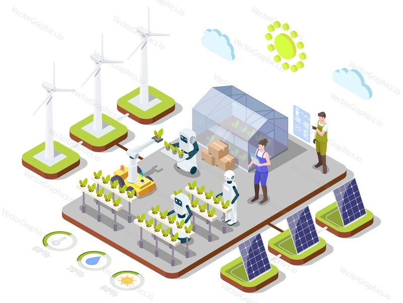 Smart farming infographic, flat vector isometric illustration. Smart organic farm using AI technologies and clean energy produced by wind turbines, solar panels. AI in agricultural industry.