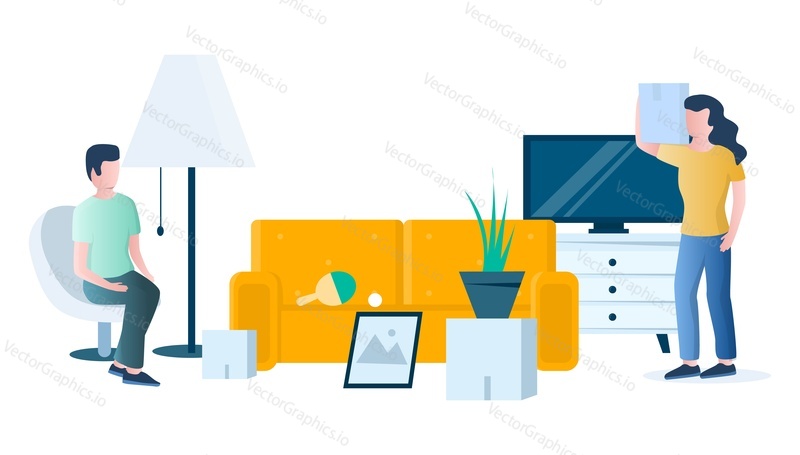 Garage sale. People selling and buying home furniture, household appliances and other vintage used items, flat vector illustration. Yard sale, flea market.