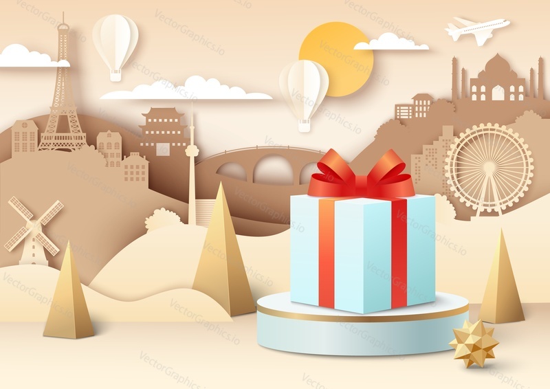 Gift box with ribbon and bow on display podium, paper cut plane, hot air balloons flying over world famous landmark silhouettes, vector illustration. Travel bonus loyalty program.