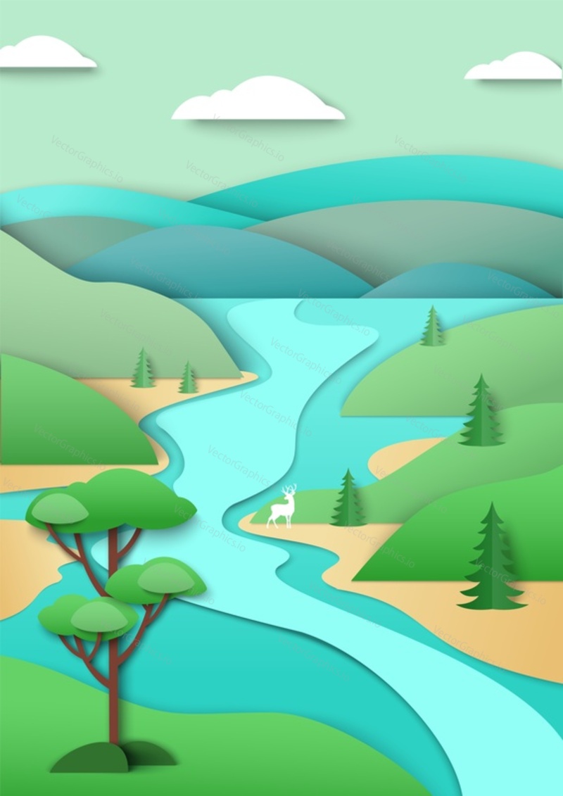 River flowing along beautiful green hills, mountains, vector illustration in paper art style. Nature landscape, environment conservation.