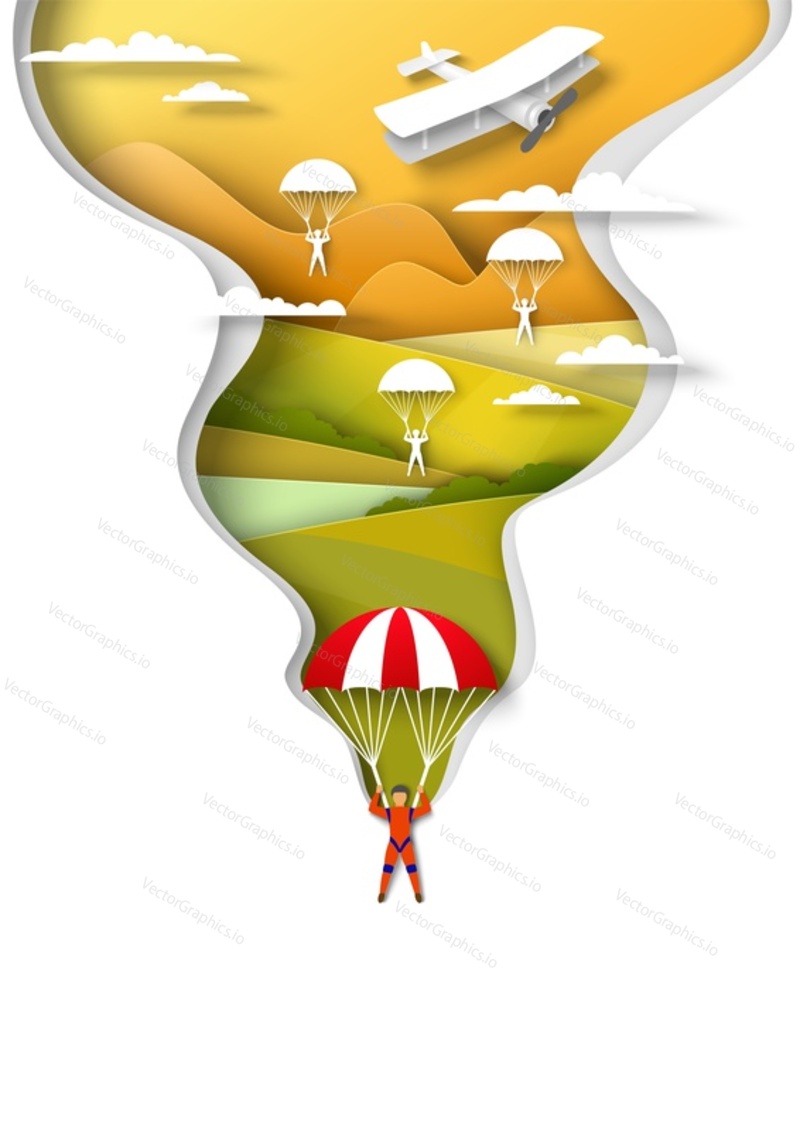 Skydiving, parachuting. People jumping with parachute, flying over hills and river, vector illustration in paper art style. Paragliding extreme sports. Outdoor activities. Active lifestyle.