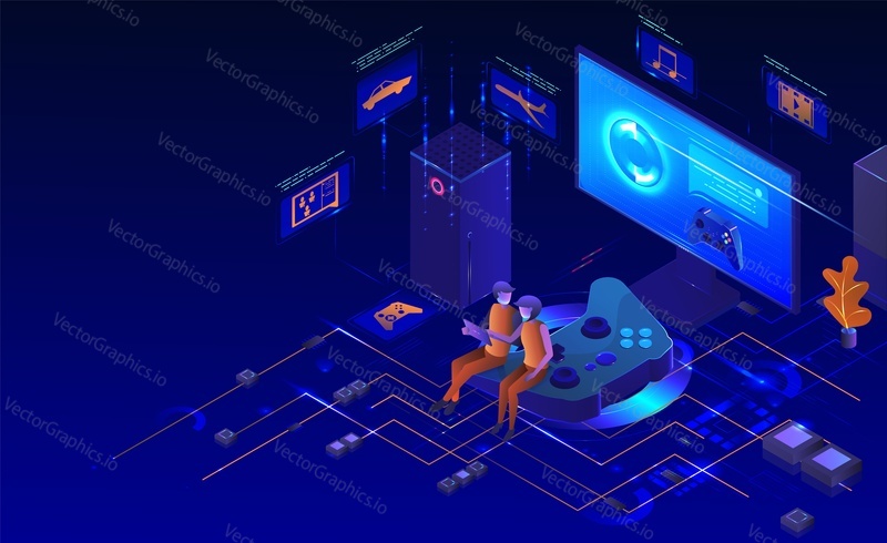 Console gaming set, vector isometric illustration. Gamer characters, desktop computer monitor, game controller. Play station gamer accessories.