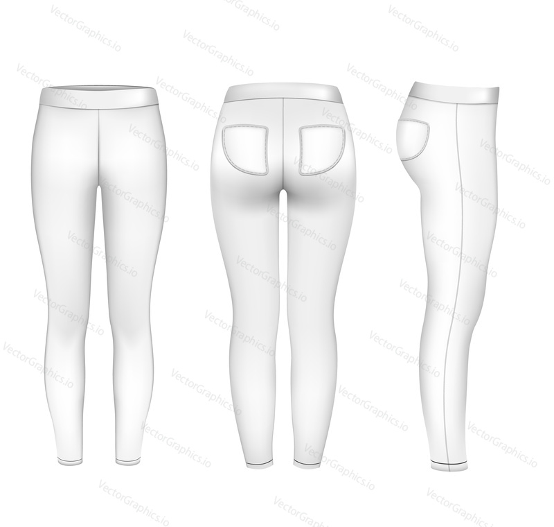 Women sport pants mockup, vector illustration. Gym leggings, front, back and side view. Sweatpants for fitness, yoga, running. Sportswear fashion, active wear and workout clothes.