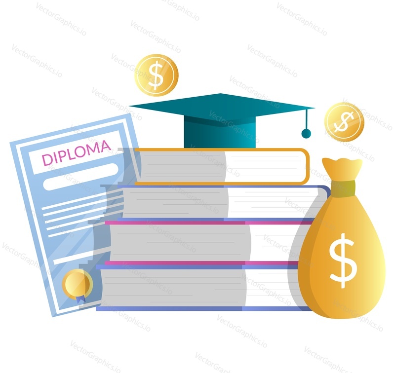 Diploma, money bag, pile of books with graduation hat, flat vector illustration. Education cost. Tuition fee, knowledge value. Investment in education. Scholarship.