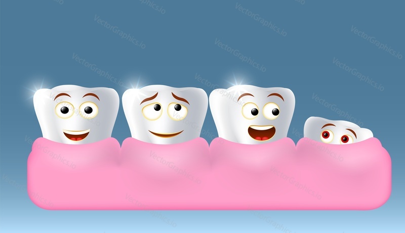 Growing up new tooth character looking at smiling white teeth, vector illustration. Children dentistry, dental health, oral hygiene.
