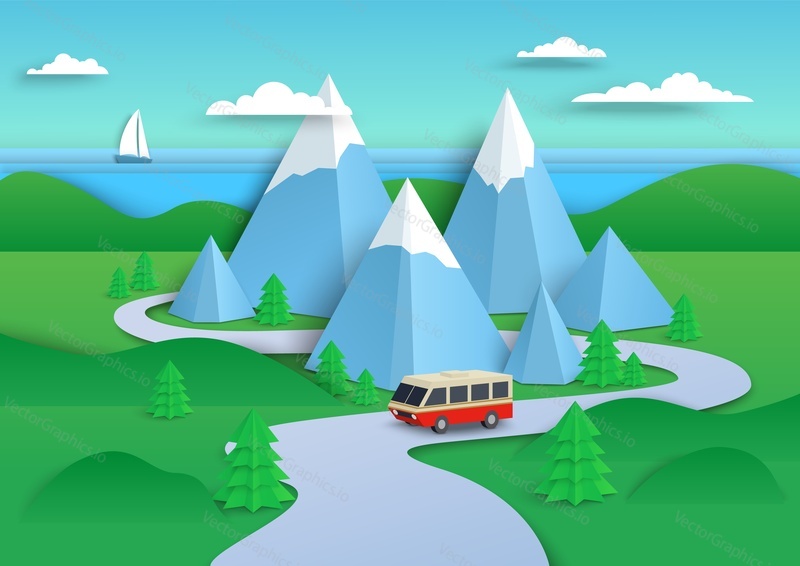 Traveling camper van going down the road near mountains and beach, vector illustration in paper art style. Beautiful sea coast and mountain landscape. Green hills scenery. Tourism, road trip.