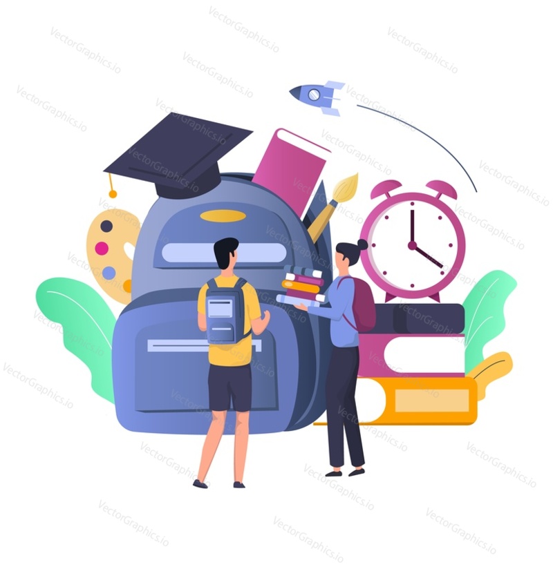 School bag with graduation hat and stationery, students boy and girl with backpacks, pile of books, flat vector illustration. School and education.