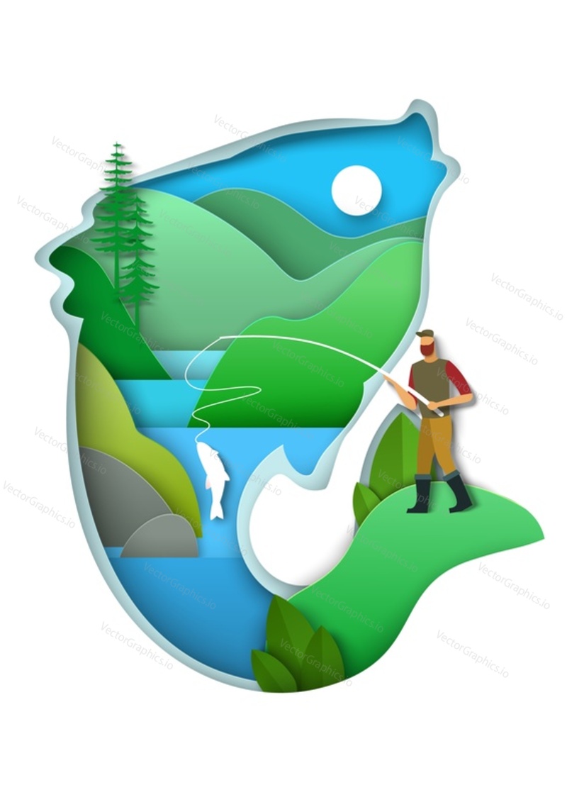 Fish silhouette with fisherman, mountain river, vector illustration in paper art style. Fisher catching fish with fishing rod. Hobby, recreational activity.