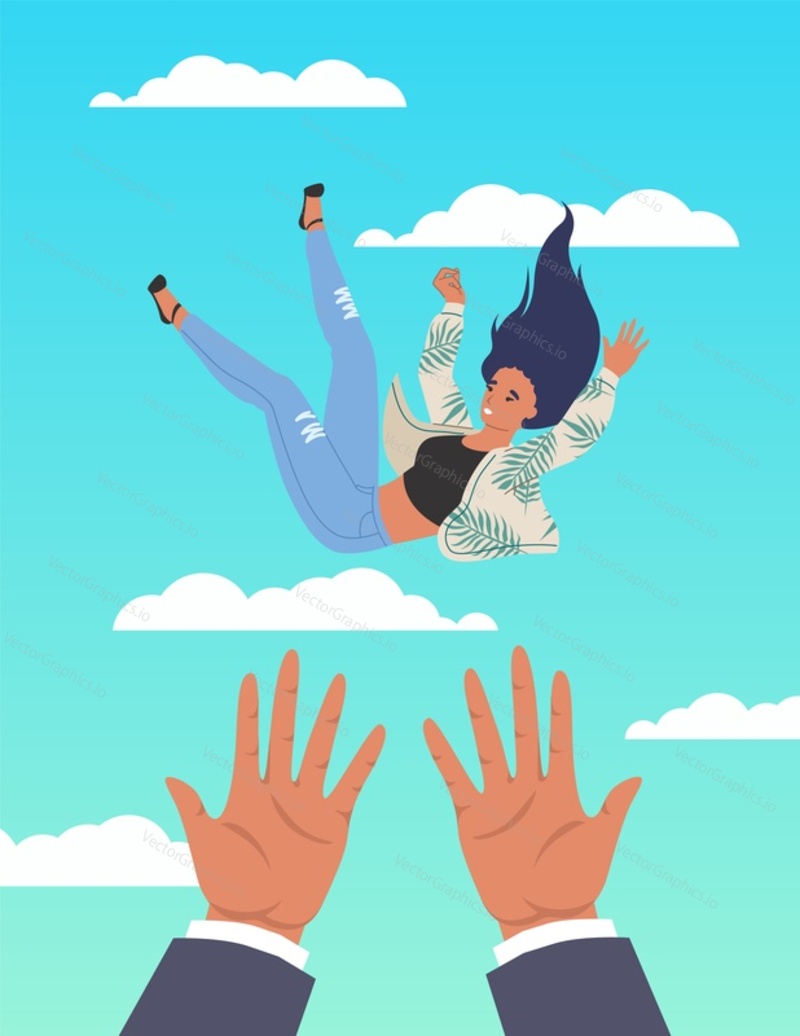 Male hands catching and saving falling woman, flat vector illustration. Psychological and business support, assistance, partnership. Helping hands. Mental health treatment. Psychotherapy.