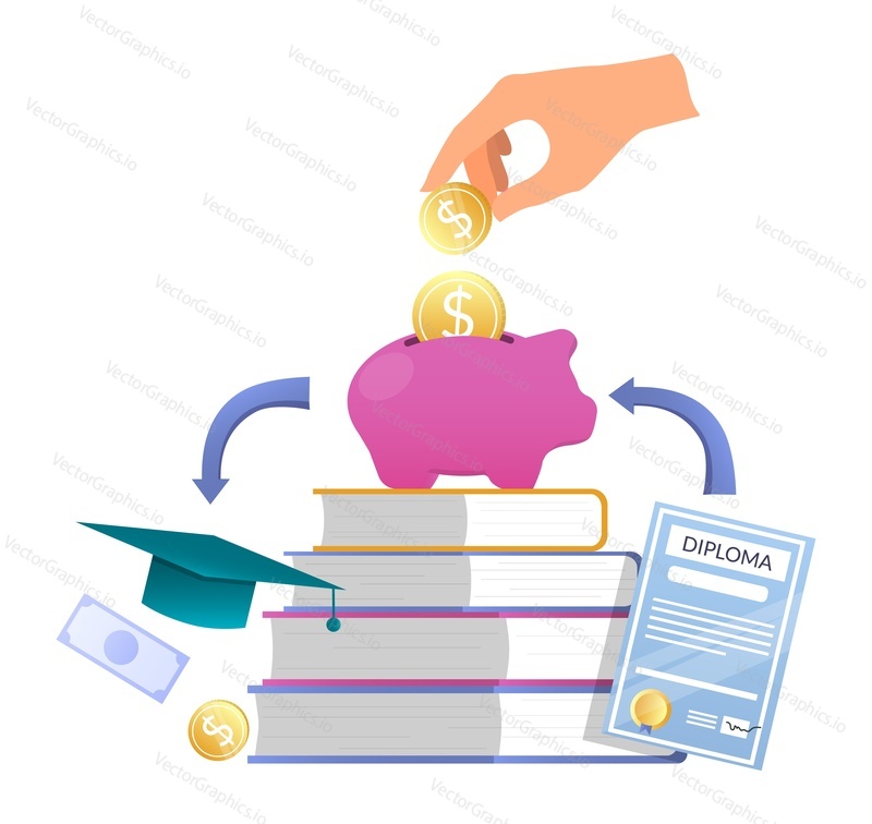 Hand putting coin into piggy bank standing on pile of books, diploma, graduation hat, flat vector illustration. Student loan. Money savings for education.