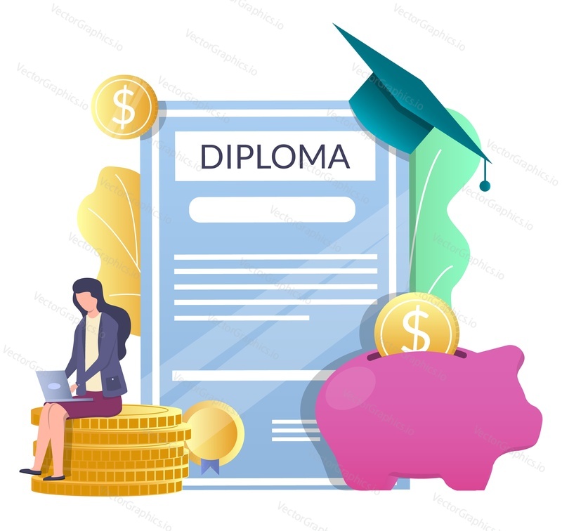 Diploma, graduation hat, piggy bank with money, woman working on laptop sitting on dollar coin stack, flat vector illustration. Student loan, saving money for education, scholarship.