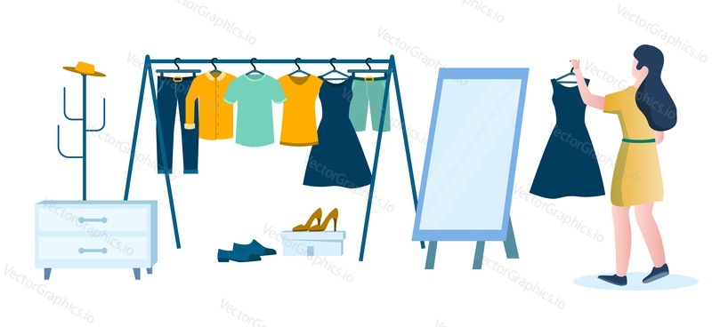 Woman in dressing room with hanger clothing rack, mirror, flat vector illustration. Female character holding black dress. Girl shopping for clothes.
