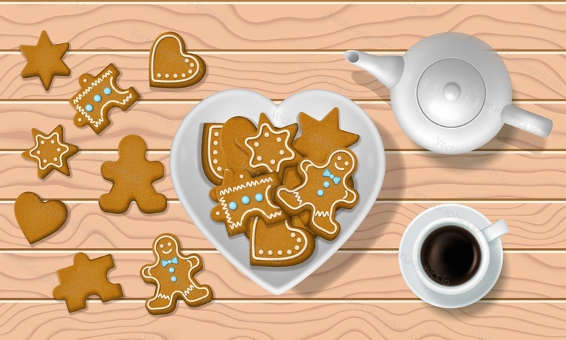 Gingerbread cookies, coffee cup, coffee pot on wooden table, vector top view illustration. Ginger bread man biscuit, traditional Christmas pastry.