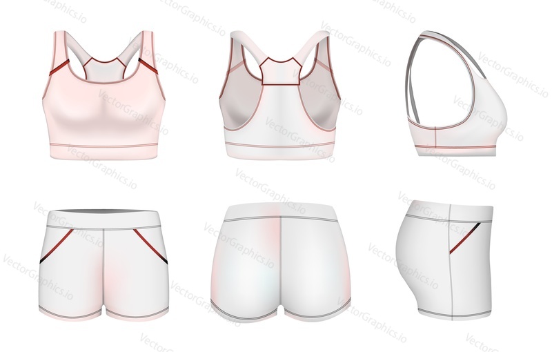White women sports bra or crop top and shorts mockup set, vector illustration, front, back and side view. Sportswear fashion, training clothes template.