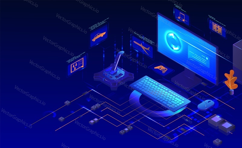 Computer gaming set, vector isometric illustration. Desktop computer monitor, keyboard, mouse, game controller. PC video gaming accessories.