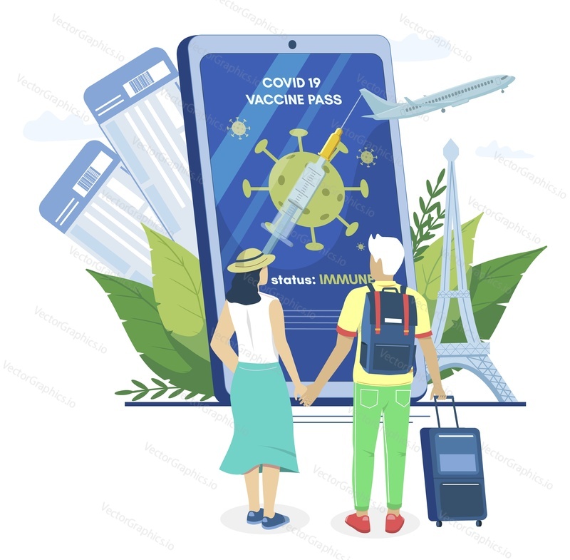 Vaccinated for Covid-19 traveler couple looking at huge smartphone with vaccine passport or certificate, flat vector illustration. Digital covid travel certificate.