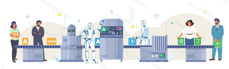 Machine translation process, flat vector illustration. Ai, robot machines translating content from one foreign language to another. Electronic foreign language translator.