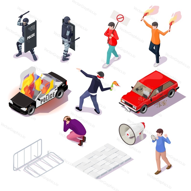 Protest action isometric icon set, flat vector isolated illustration. Police officer, protester, hooligan, burning police car and megaphone. Riot, revolution, demonstration, rally, picket or strike.