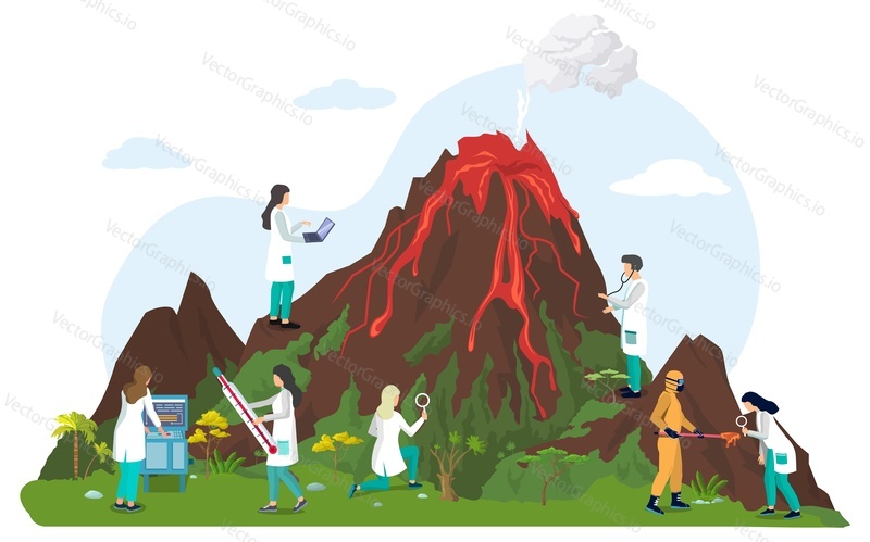 Scientists volcanologists studying volcano and volcanic activity or eruption, flat vector illustration. Volcanology.