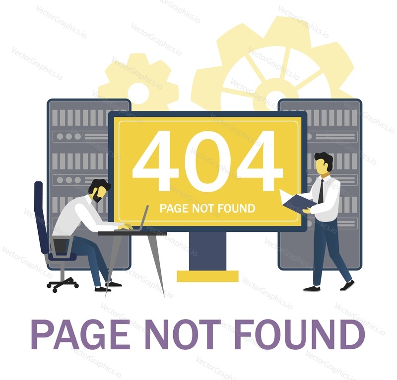 Page error 404, page not found. System administrators troubleshooting HTTP error, flat vector illustration. Website under construction.