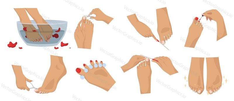 Foot spa and pedicure set, flat vector isolated illustration. Feet and toenails cosmetic treatment. Foot care. Nail art studio, spa and beauty salon services.