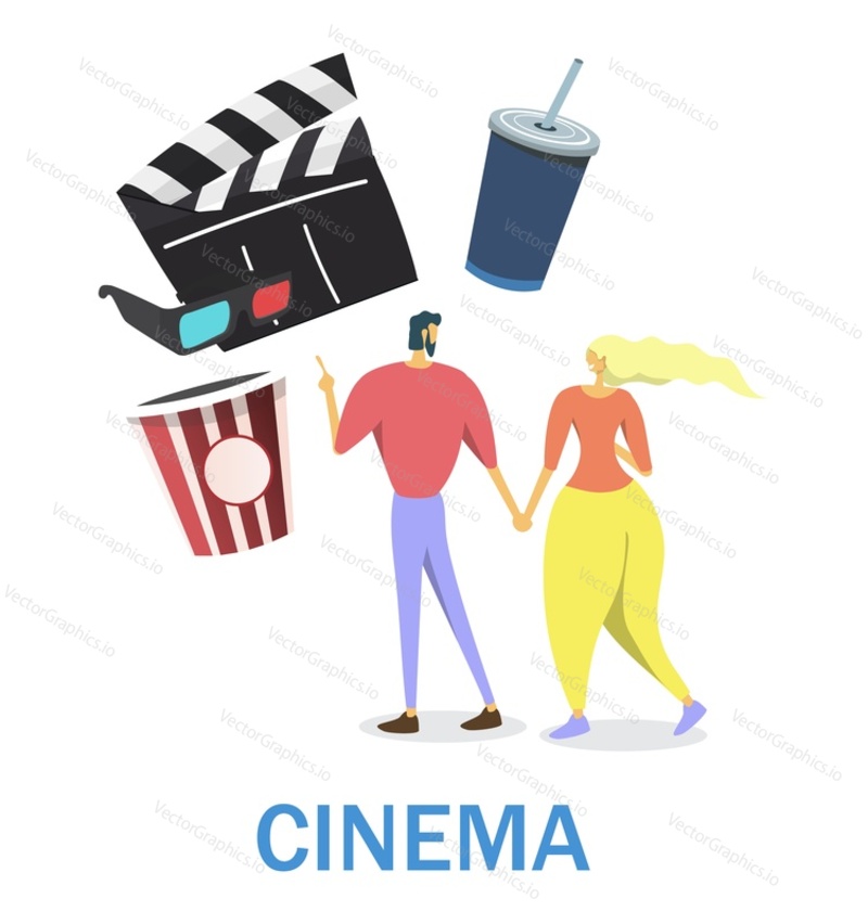 Happy couple going to cinema holding hands, flat vector illustration. Popcorn, clapperboard, soda. Entertainment industry. Romantic date.