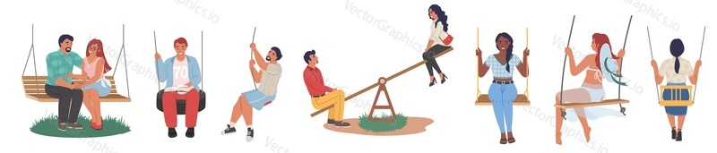 Adults, male and female characters swinging on swings, flat vector isolated illustration. Happy couples, carefree women, men on playground swings. Summer outdoor leisure.