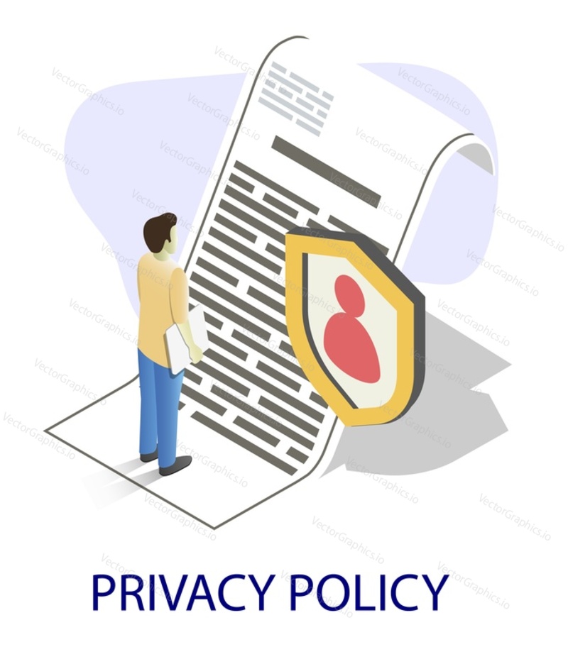 Businessman reading contract with shield, flat vector isometric illustration. Privacy policy. Contract review, agreement checking and signing process.