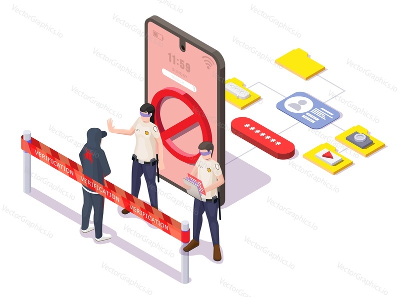 Unauthorized access prevention. Person trying to gain access without permission to mobile device, flat vector isometric illustration. Secure login password verification. Data protection.