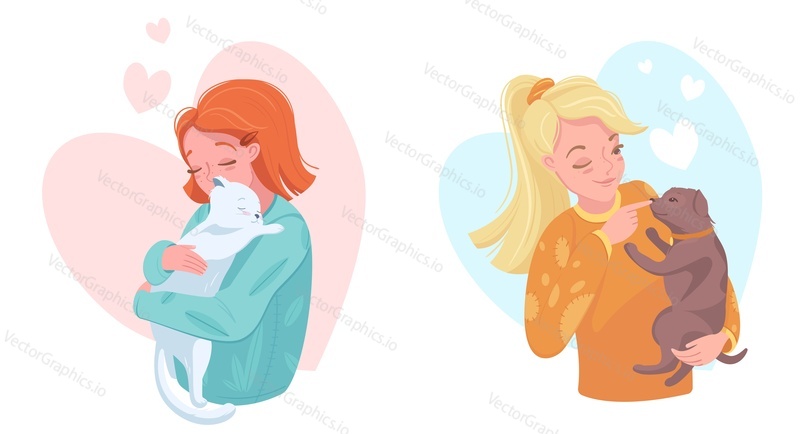 Happy pet owners with adorable puppy and kitten, flat vector illustration. Smiling girls petting dog and cat, their best animal friends. Pet ownership, domestic animal care and love.