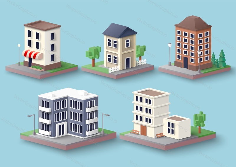 City apartment building set, vector isolated illustration. Isometric multi storey residential house exterior, front view, home facade.