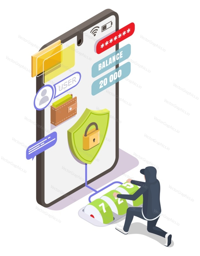 Password guessing attack. Hacker stealing money, personal information from mobile device, flat vector isometric illustration. Password cracking, hacking attack.