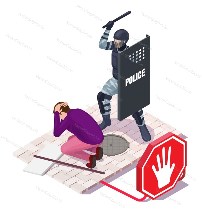Protest action scene. Police officer hitting activist on the head with baton, flat vector isometric illustration. Stop violence protest.
