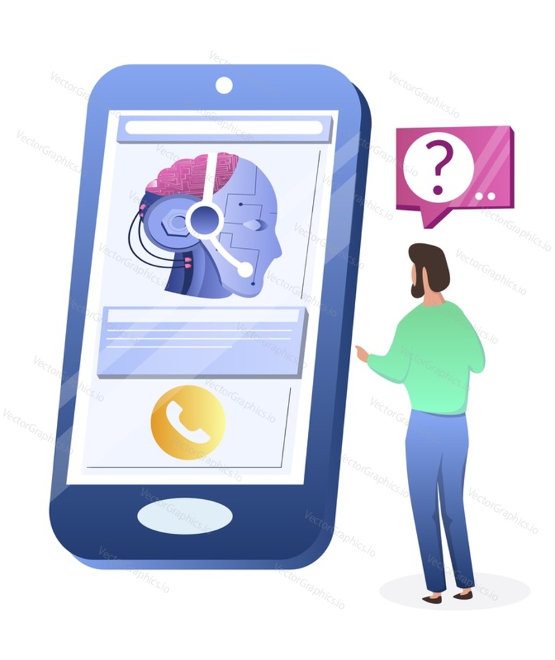 Man asking questions and receiving chatbot answers online, flat vector illustration. Personal virtual assistant, AI chatbot consultant. online customer support, chat bot consulting services.
