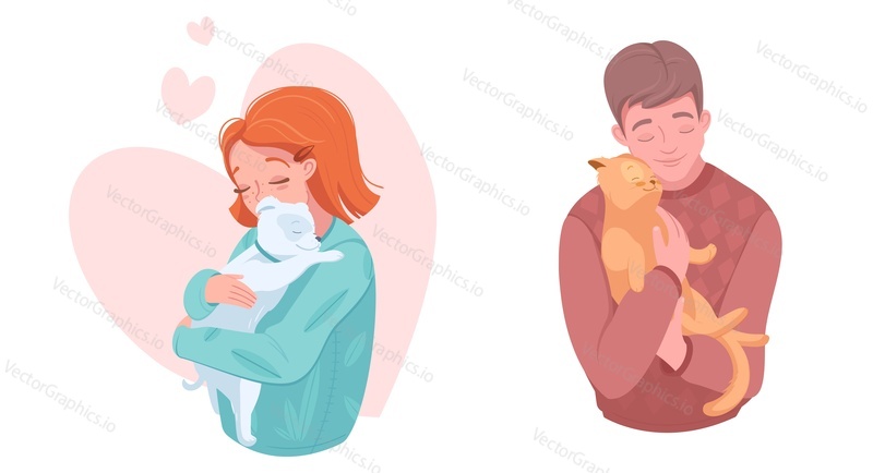 Happy pet owners loving adorable puppy and kitten, flat vector illustration. Smiling girl and boy hugging dog and cat. Pet ownership, domestic animals care, love.
