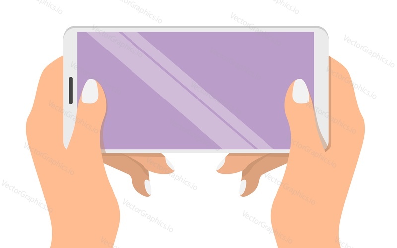 Female hands holding smartphone, flat vector illustration. Hands interacting with modern mobile phone horizontal mockup.