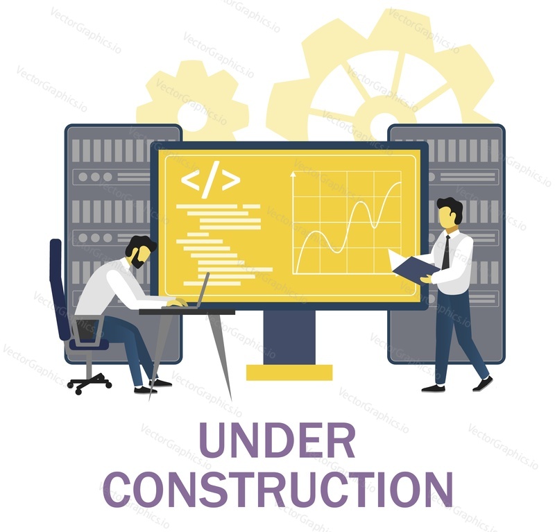 Webpage under construction. System administrators troubleshooting web site page error, flat vector illustration. Website repair services.