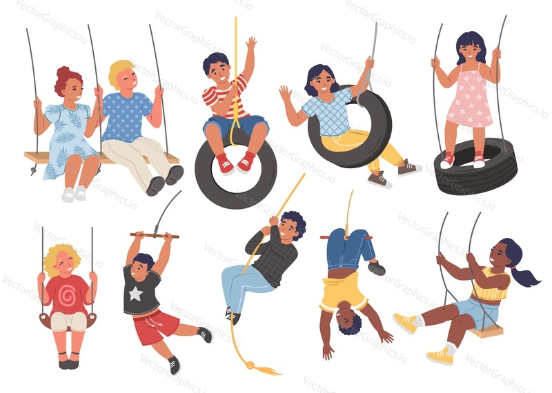 Children swinging on different swings, flat vector isolated illustration. Happy kids on playground swings. Summer outdoor leisure.