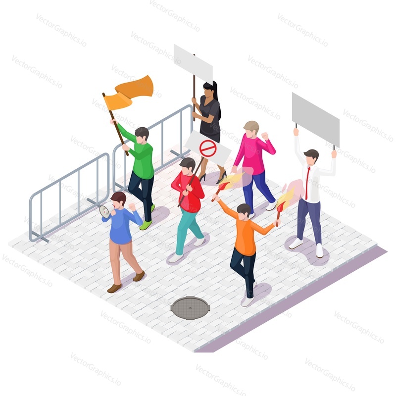 People with placards, flags and megaphone, flat vector isometric illustration. Social activity, nonviolent demonstration, protest, rally, picket or strike scene.