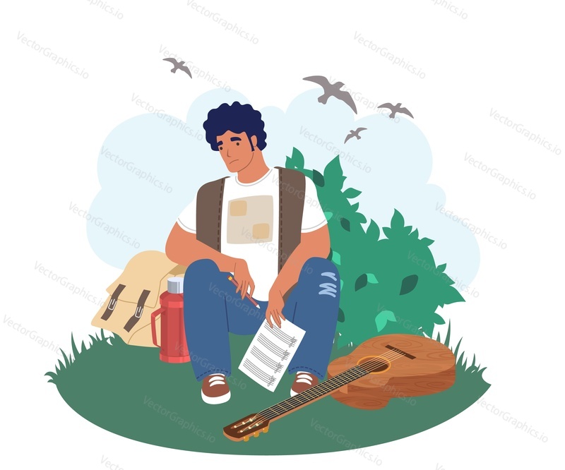 Creativity crisis. Sad musician guitarist sitting on grass with pencil and song musical notes in hands, flat vector illustration. Creative crisis and burnout, depression, mental stress.