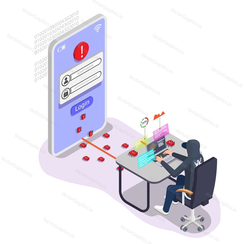 Social hacking. Hacker trying to gain access to social media account, flat vector isometric illustration. Cyber crime, phishing attack, internet security.