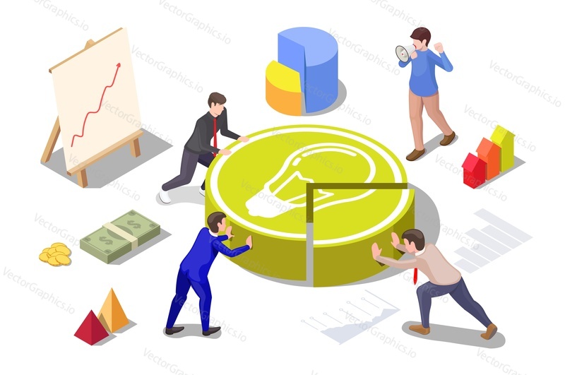Business team making light bulb pie chart together, flat vector isometric illustration. Team work, cooperation, partnership, collaboration.