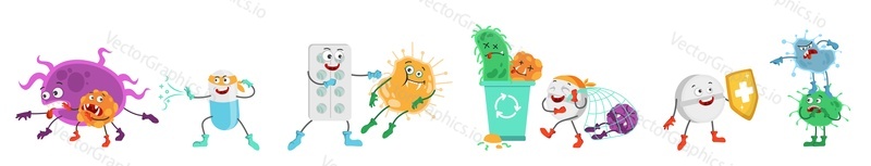 Superhero pills fighting bacteria, viruses, flat vector isolated illustration. Tablet, capsule, strong cartoon characters holding shield, boxing, throwing microbes into trash can. Viruses protection.